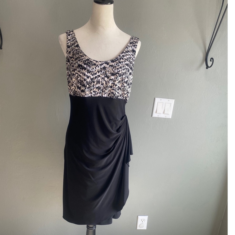 Dressbarn Collection Womens Sheath Dress Size 8 Black Tan Abstract Ruched‎ Side